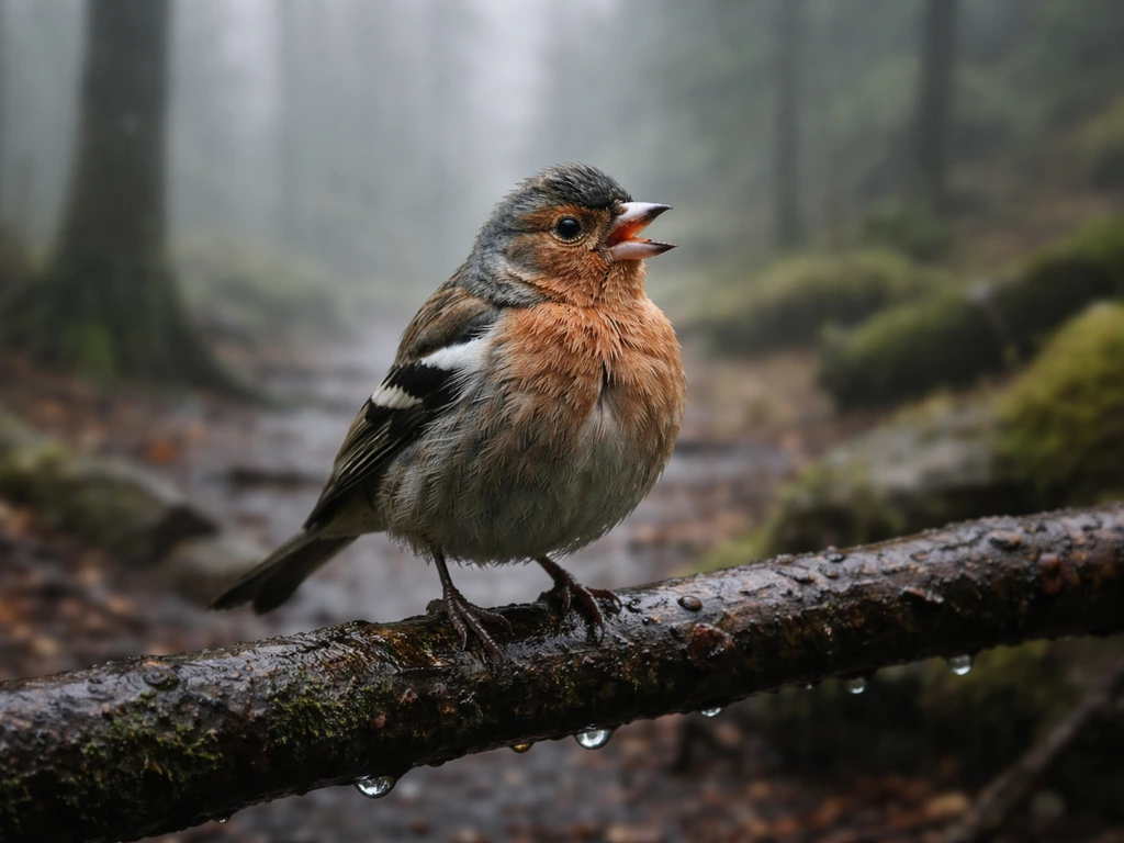 A wet chaffinch perched in misty Northern England-like woods, raindrops on feathers, calling mid-hop.