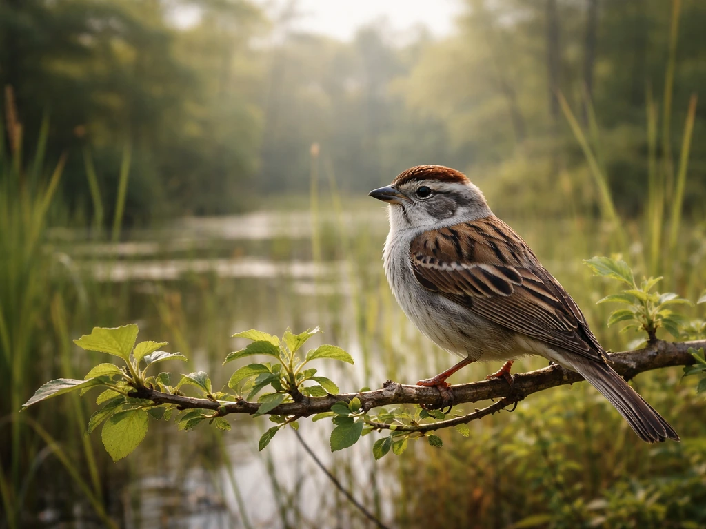 A wild bird perched among trees and brush near a wetland, shown in its natural habitat.