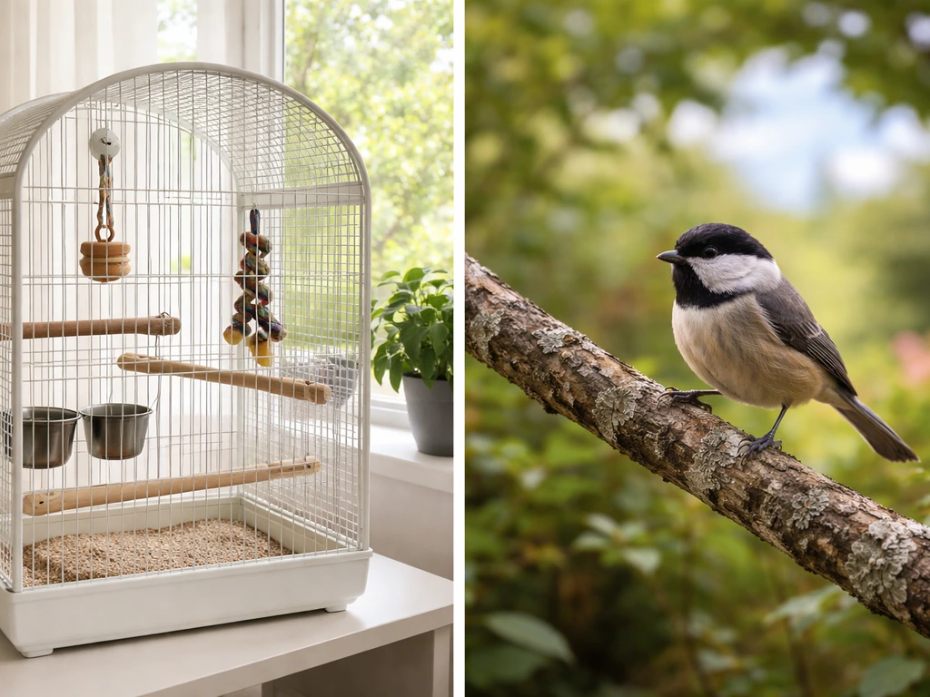 Split scene: empty pet bird cage setup indoors versus a wild bird perched outdoors.