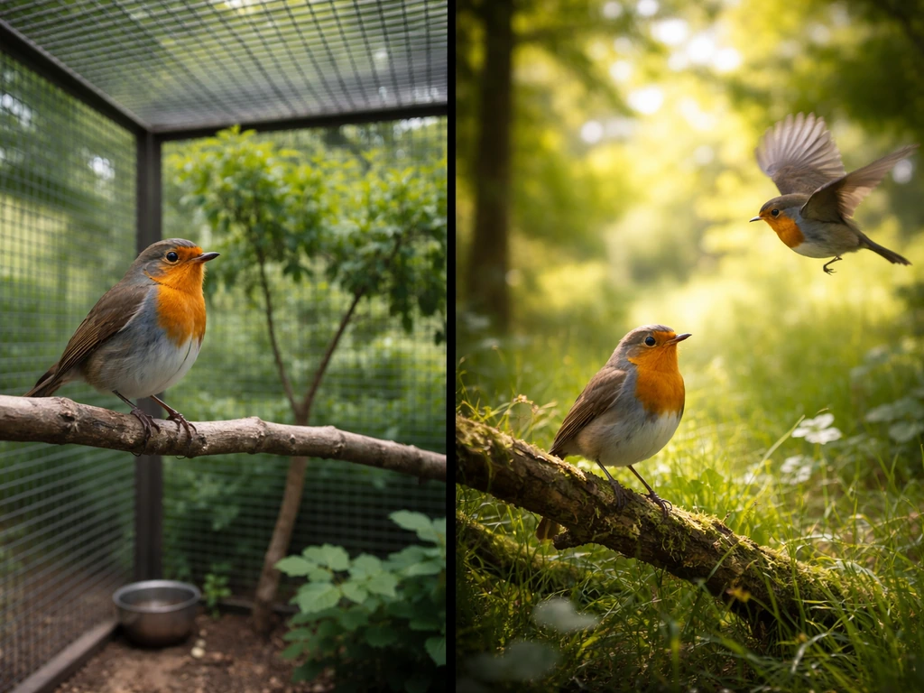 A caged captive bird in a quiet zoo enclosure beside a free wild bird in a natural outdoor setting.
