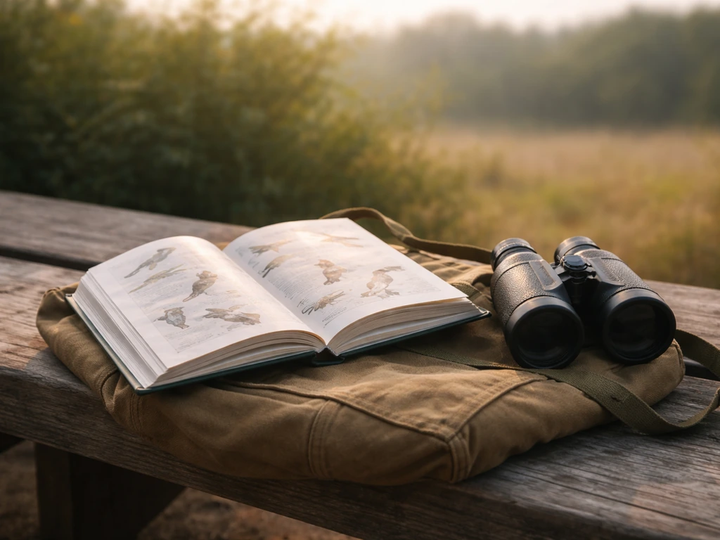 Minimal photo of a wildlife field guide open beside a pair of binoculars, symbolizing bird term distinctions.