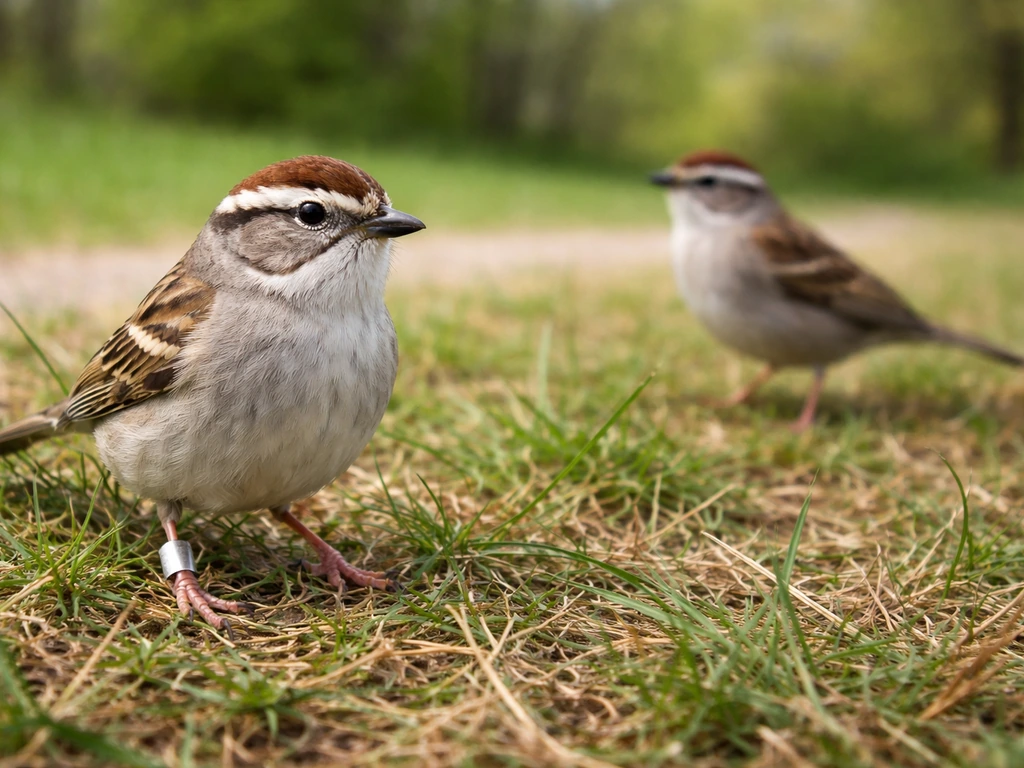 Close-up of a wild bird’s leg with a small metal band, outdoors on grass beside an unbanded view