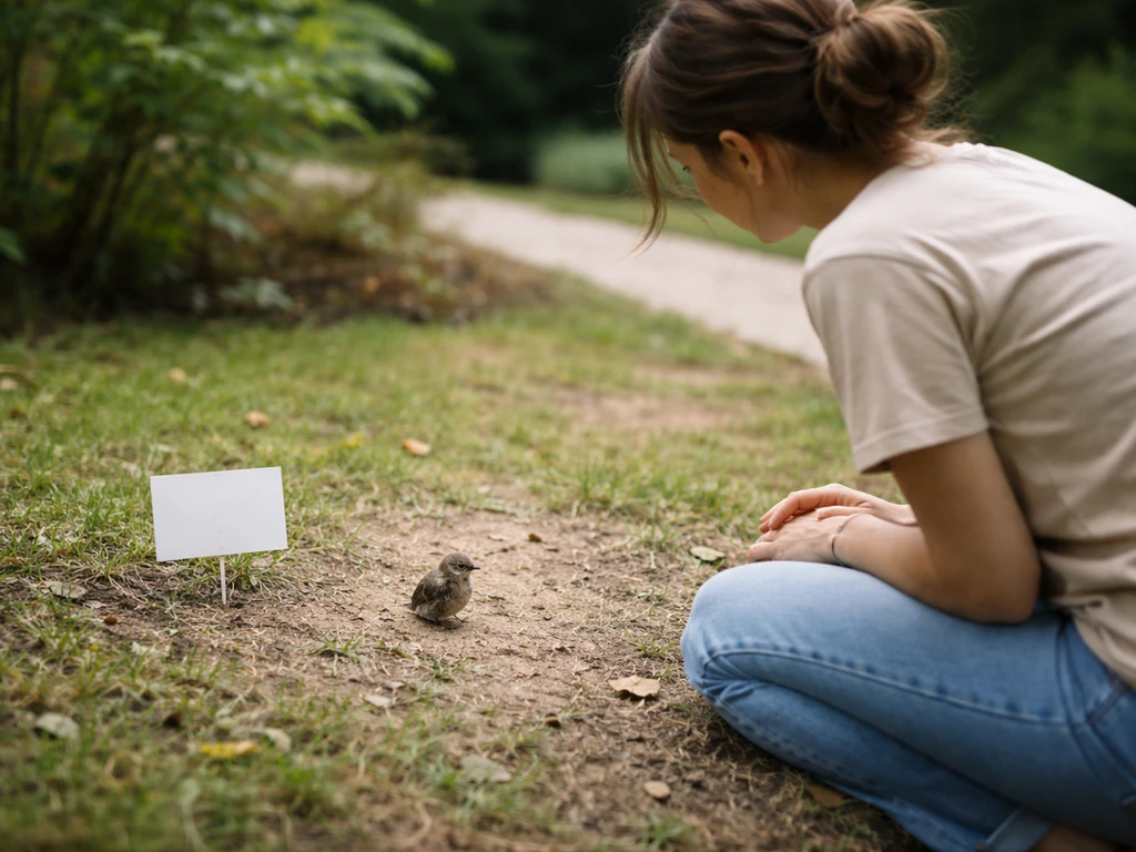 Person kneeling safely nearby while observing a baby bird on the ground without touching.