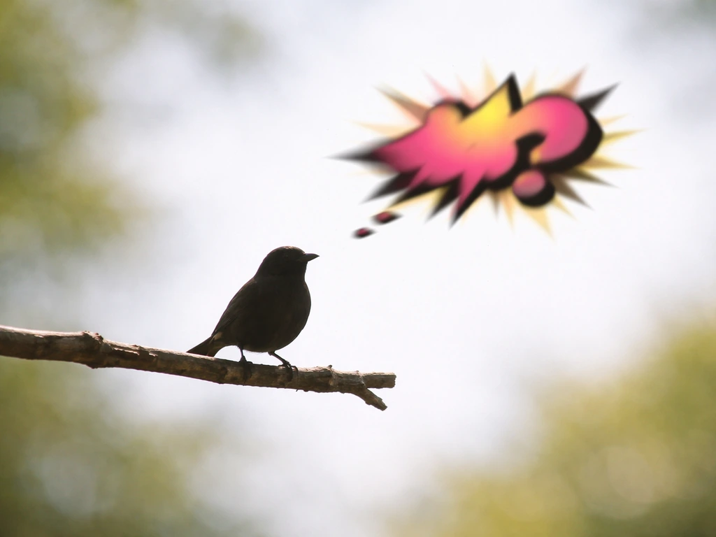 A generic bird on a branch with a whimsical slang-thought bubble suggesting “buzzcock” confusion.
