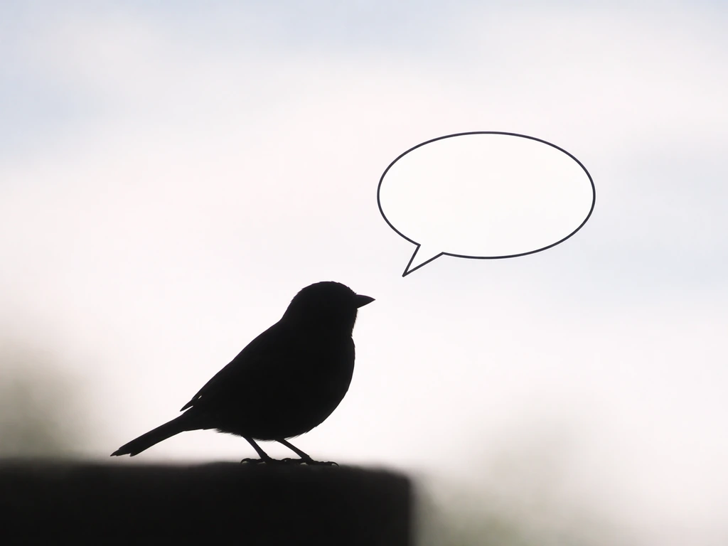 Minimal photo-style scene: generic bird silhouette with a speech-bubble concept suggesting “It’s the buzz, cock!”