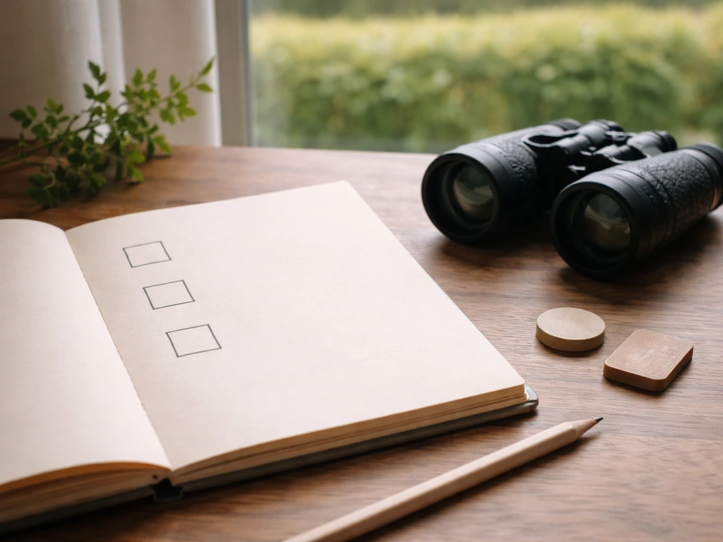 Minimal photo of a notebook with three unlabeled checkboxes, suggesting a regional decision checklist for bird phrases.