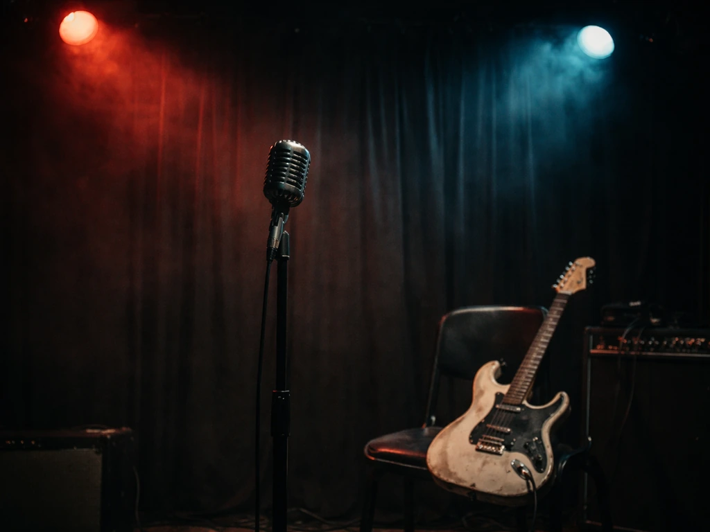 British punk band Buzzcocks–style scene with a microphone on a simple stage, moody lighting