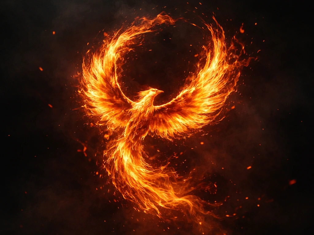 A phoenix-like burning bird with flames forming a circular silhouette in a dark smoky background.