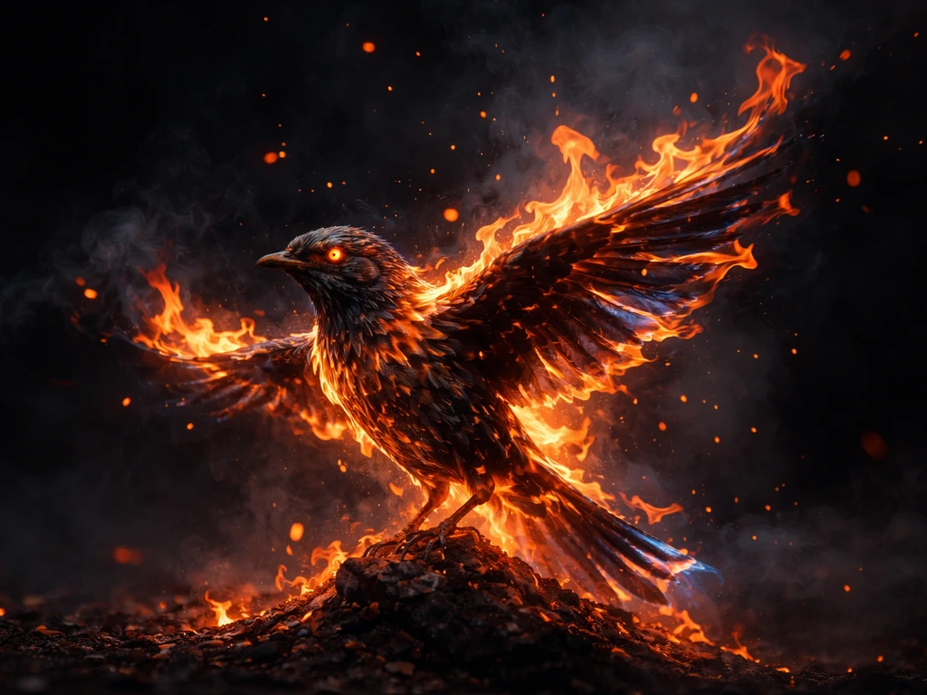 Stylized bird engulfed in flames, with embers rising against a dark background.