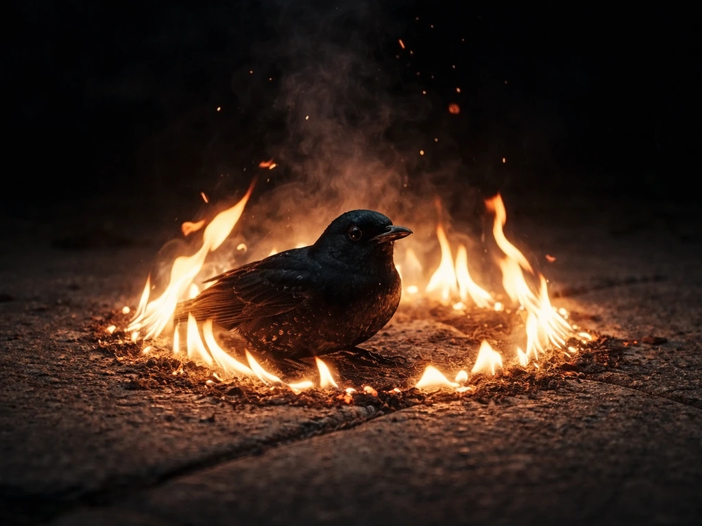 A blackbird consumed by flames emerges from the fire, symbolizing transformation and rebirth