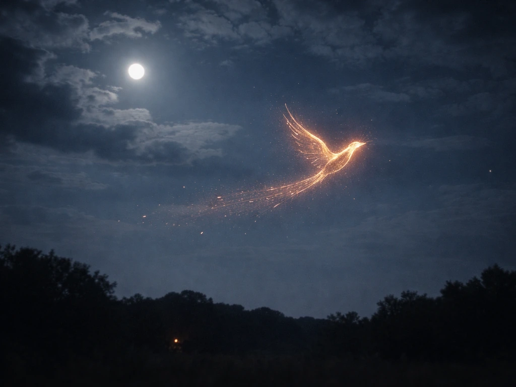 Moonlit night scene with a subtle glowing bird motif in the sky, suggesting dreams and interpretation.