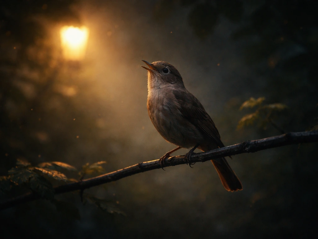 Moody nighttime photo of a nightingale perched in dim light, atmosphere suggesting song, longing, and hope.