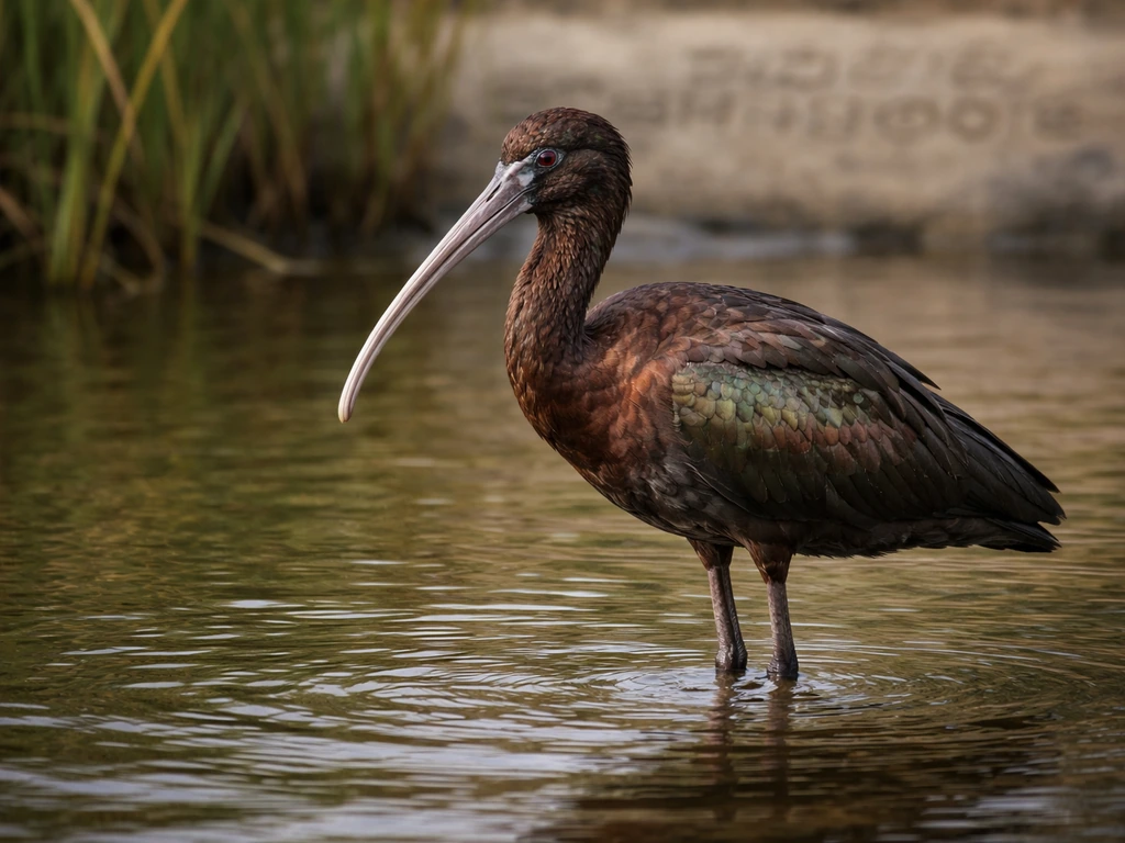 Glossy ibis wading in shallow water with a soft Tamil-script hint on a nearby stone, symbolic and minimal.