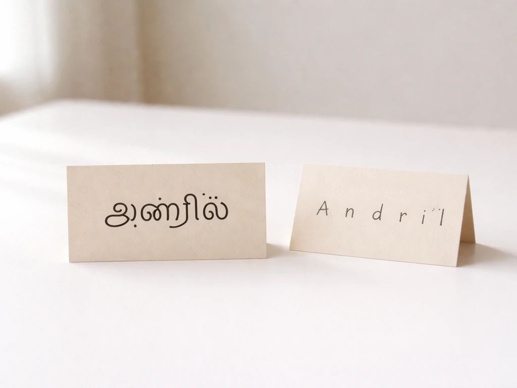 Close-up photo of a blank desk with a small card showing Tamil script “அன்றில்” and a plain spelling breakdown.