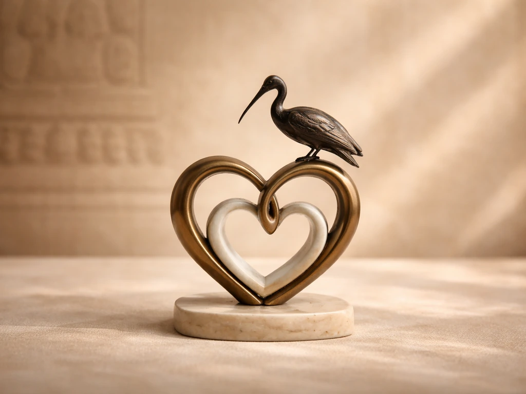Minimal classical motif of devoted love with a glossy ibis silhouette, warm tones, Tamil-inspired texture