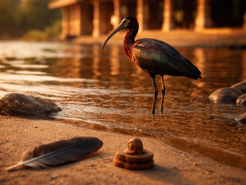 Glossy ibis on a riverbank with two unlabeled natural symbols suggesting two spelling/context variants.
