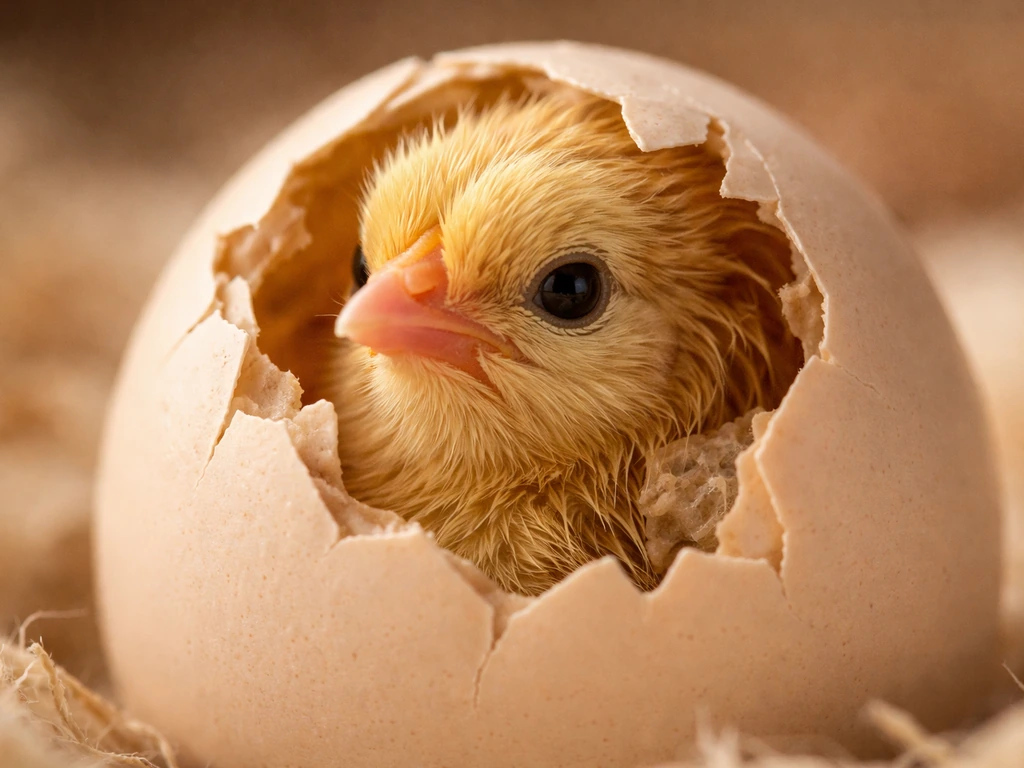 Close-up of a chick hatching from an egg with visible shell cracks in soft natural light.