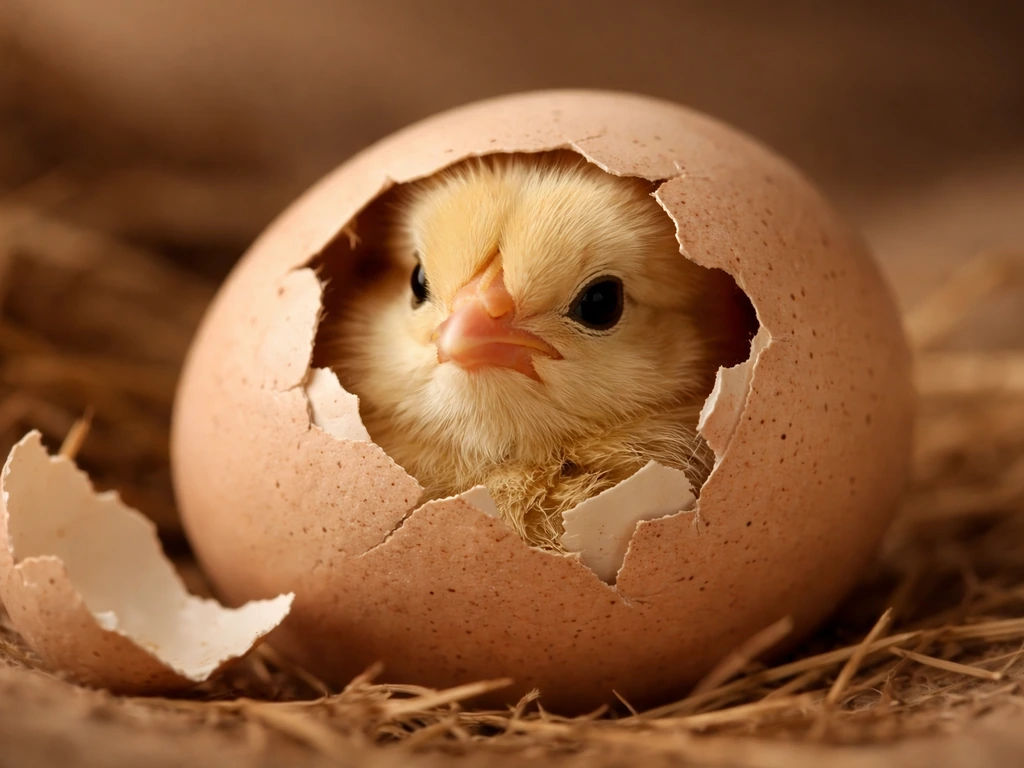 Close-up of a chick emerging from a cracked, pipped egg shell in warm natural light