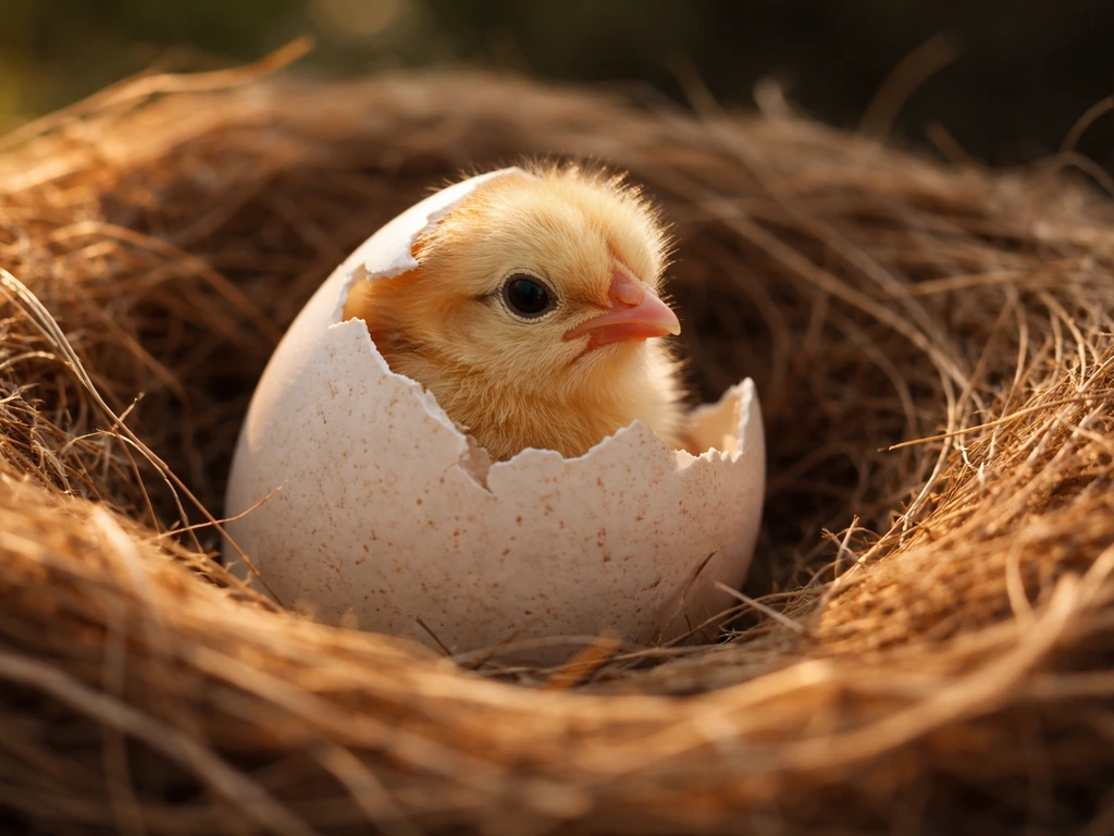 A warm nest with a cracked egg and a newly hatched chick under soft golden light.