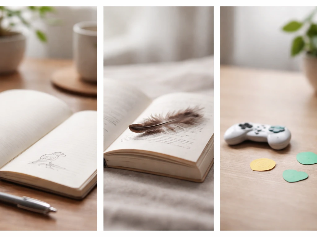 Three minimal scenes showing a journal page, a printed book, and game-style icons indicating different meanings of “hatc