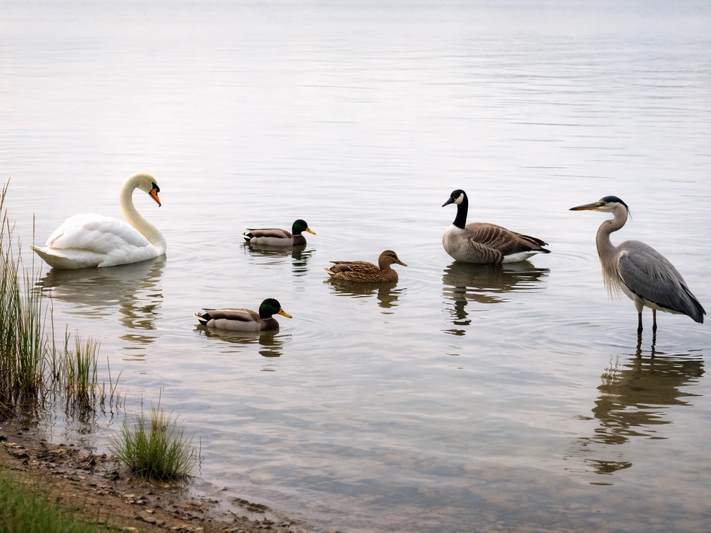 Swan, ducks, goose, and heron standing together near calm water with soft reflections and reeds.