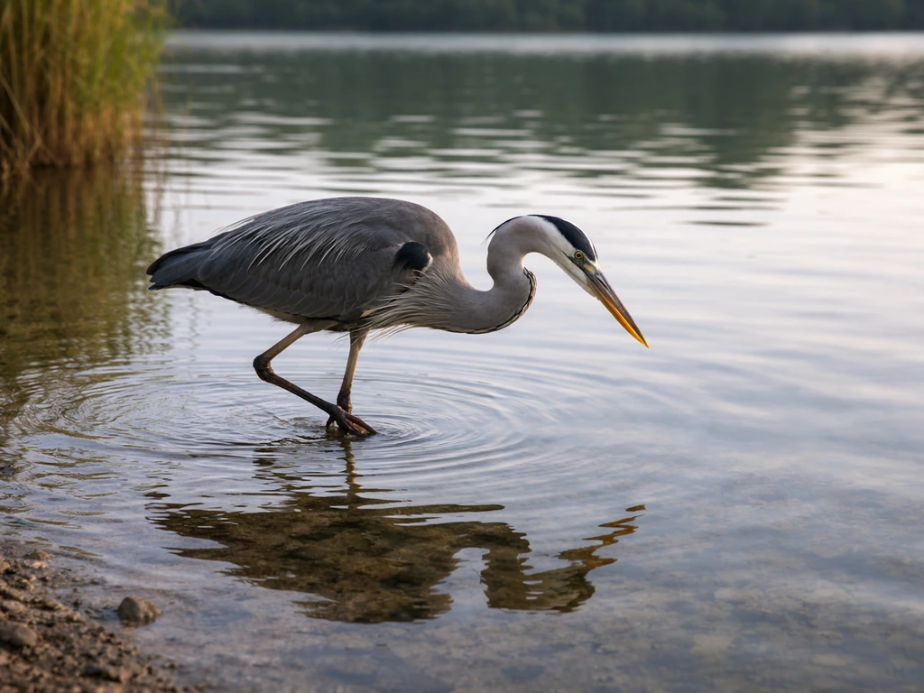 A heron wading and partially submerged in shallow water, creating small ripples.