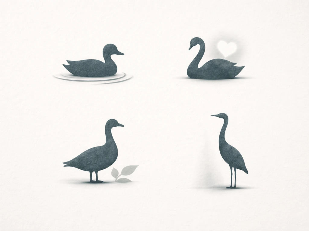 Minimal panel with duck, swan, goose, and heron silhouettes and small water/heart/serenity cue shapes