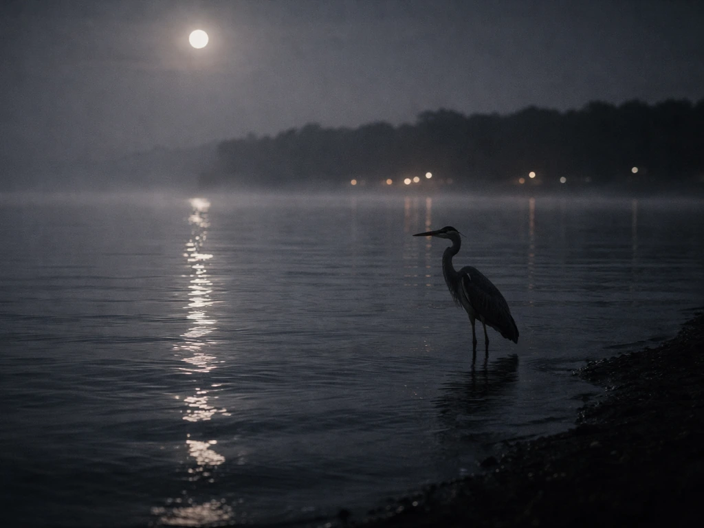 Moonlit water’s edge at night with a heron and its reflection on dark rippling water.