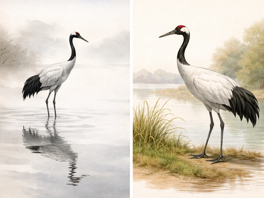 Split image of the same waterbird shown in two cultural art styles against calm water.