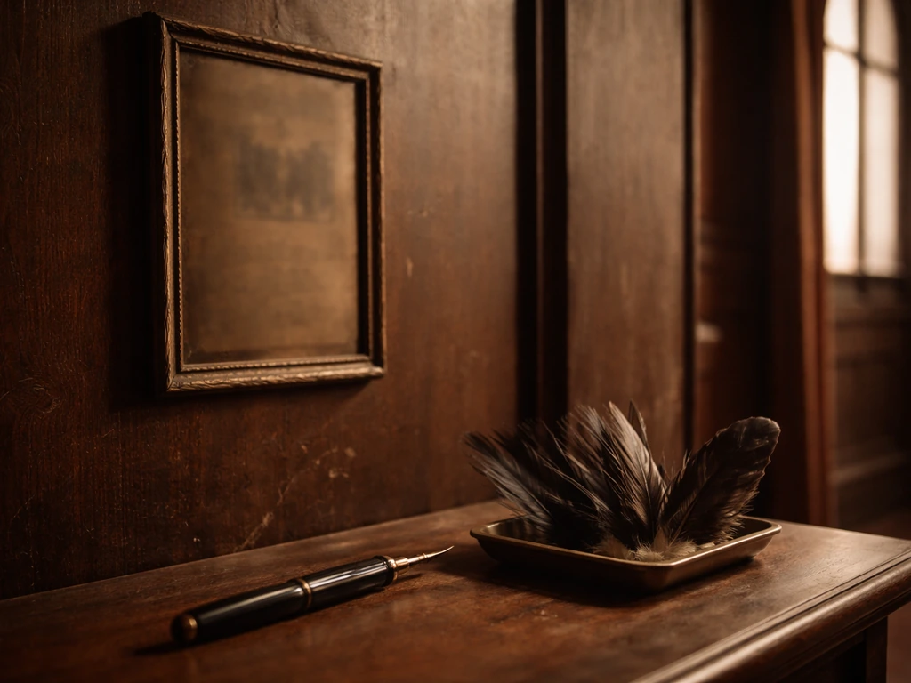 Vintage theater lobby scene with a worn framed poster and bird-themed feather quill, archival feel.