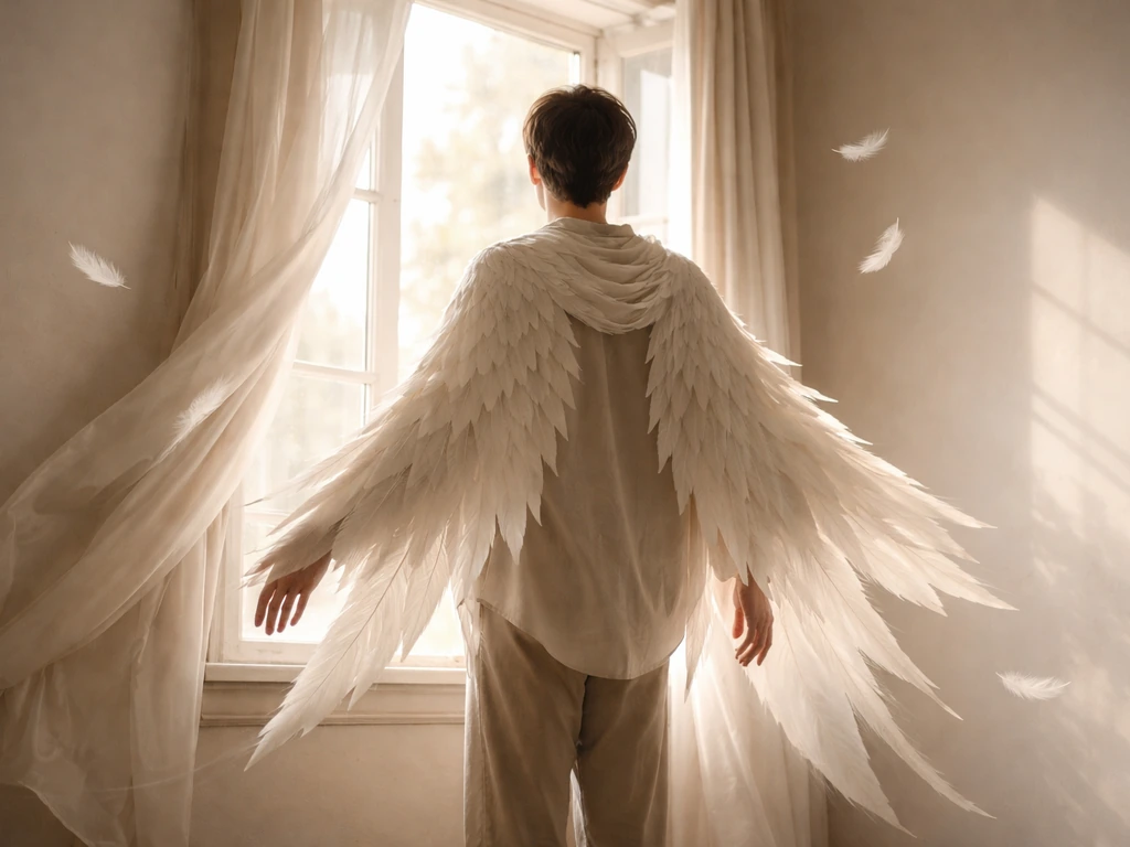 Anonymous person near an open window with a soft feather-wing drape suggesting freedom and messenger energy.
