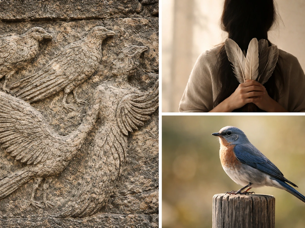 Collage of ancient carving patterns and a modern ritual scene with symbolic birds and transformation themes