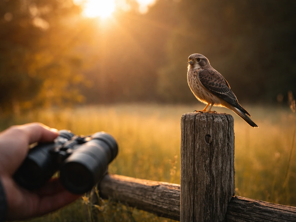 Golden-hour wild bird perched on a wooden post as an observer notices it outdoors.