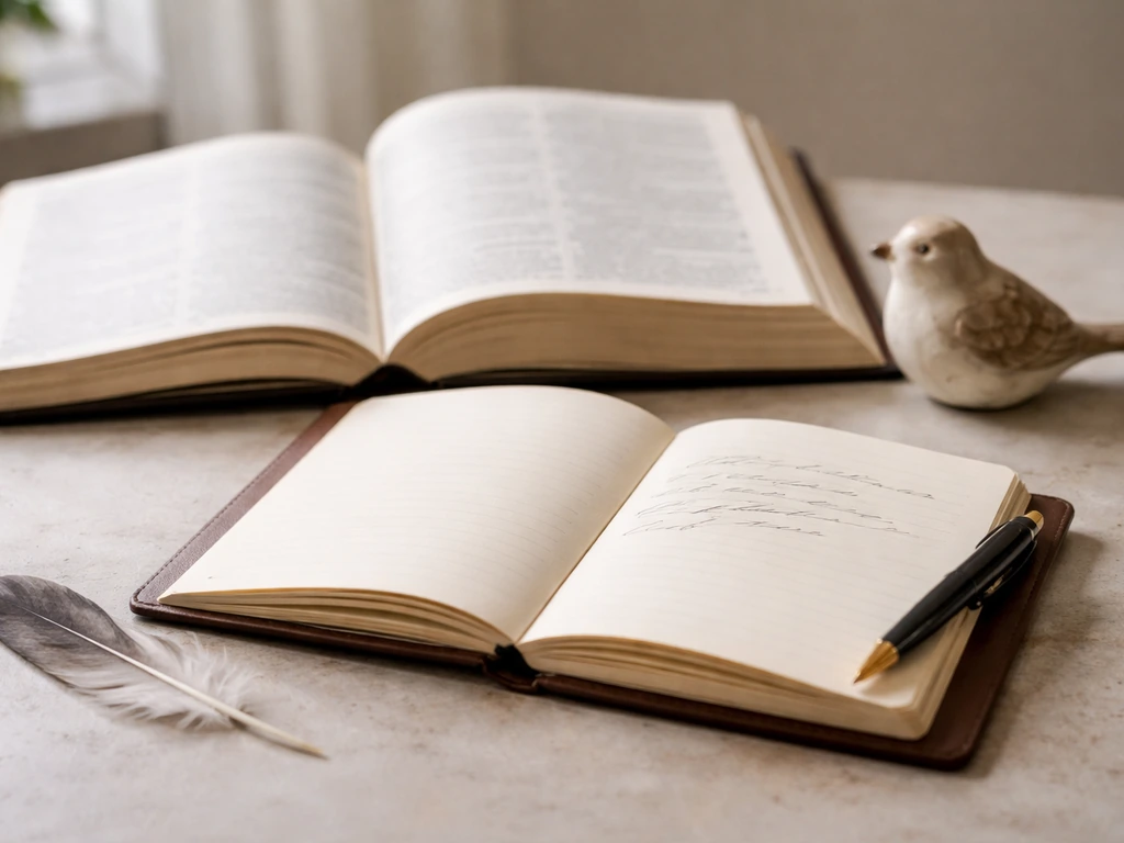 Minimal tabletop scene with an open reference book, blank notebook, and small bird figurine under natural light.