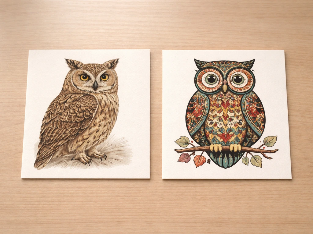 Two contrasting illustrated owl images on a simple desk, showing different cultural art styles.