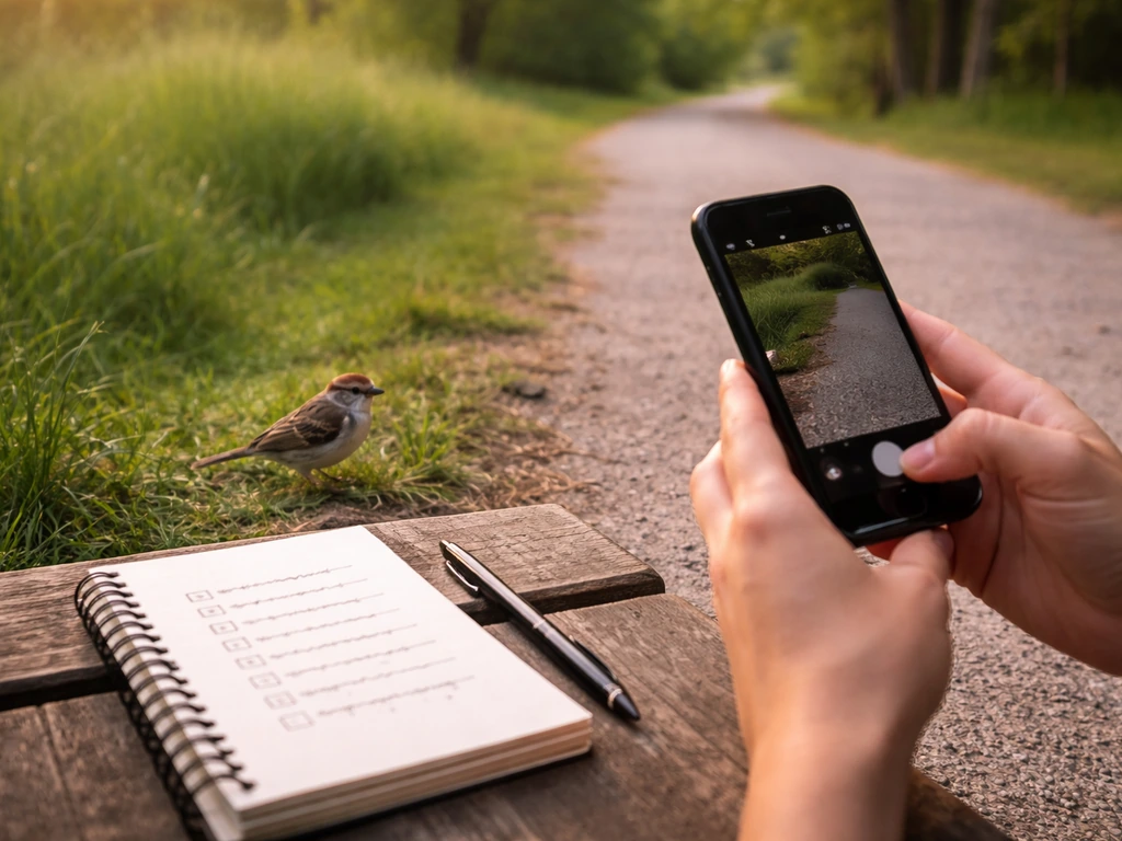 Hands use a smartphone to photograph a small bird beside a blank checklist notebook outdoors.