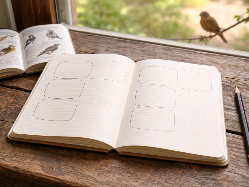 Open notebook journal prompts with blank boxes on a wooden table, with a small bird softly blurred outside.