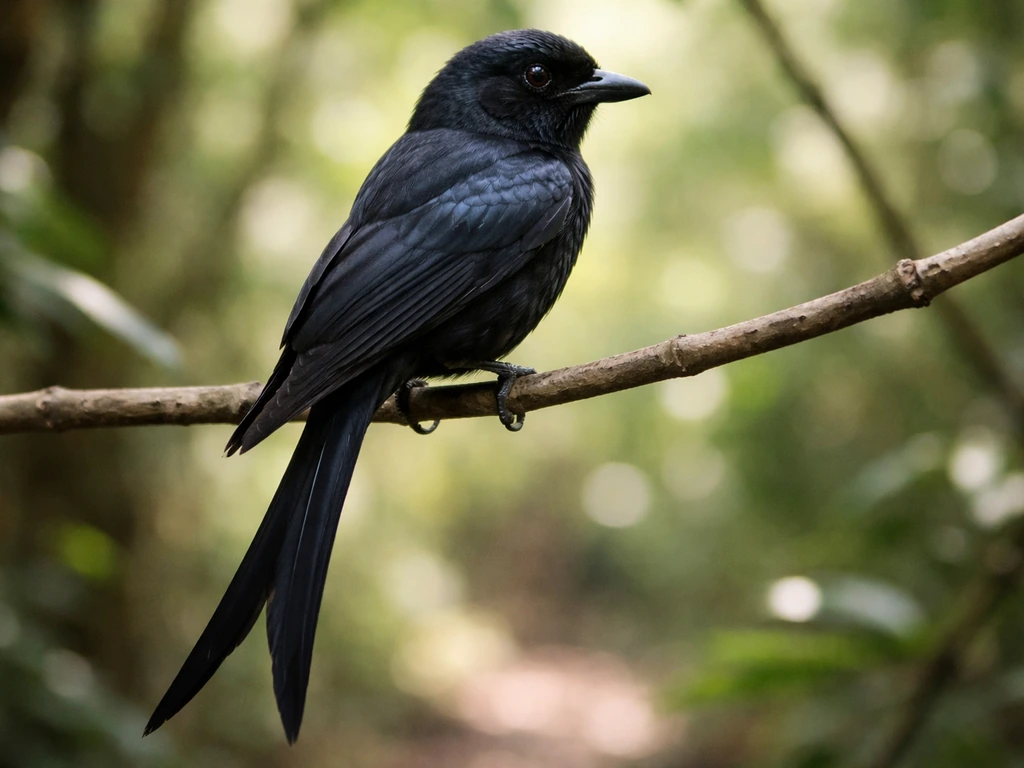 Close-up of a fork-tailed drongo with glossy black feathers and forked tail on a branch.