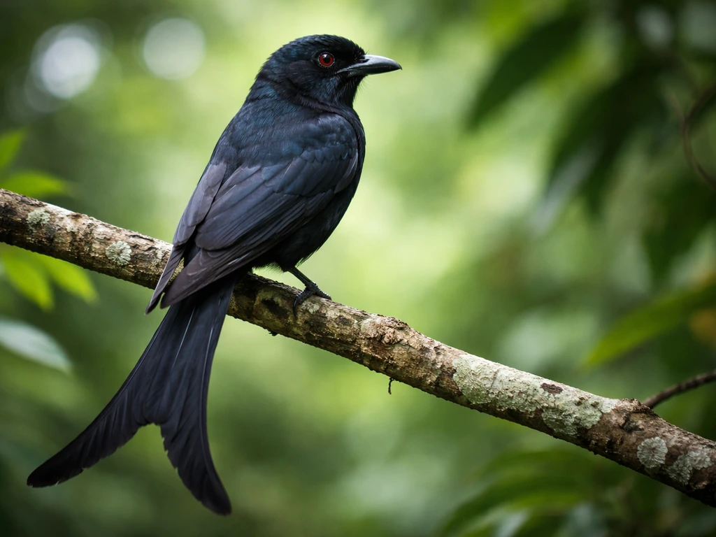 Fork-tailed drongo perched on a branch with glossy black feathers and a distinctive forked tail.