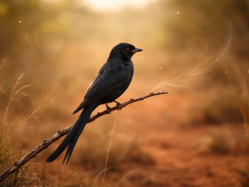 Drongo perched on a twig in a Malagasy-style landscape with soft spiritual ambience