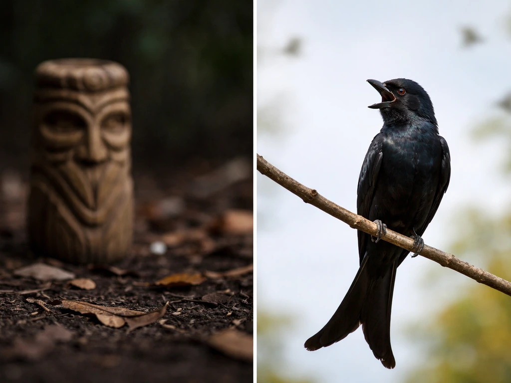 Right side shows a drongo on a branch mid-call; left side shows a blurred totem carving implying a misconception.