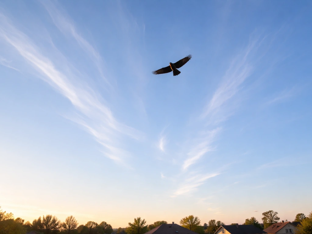 A hawk soaring high above rooftops, subtle upward cloud streaks suggesting status and symbolism.