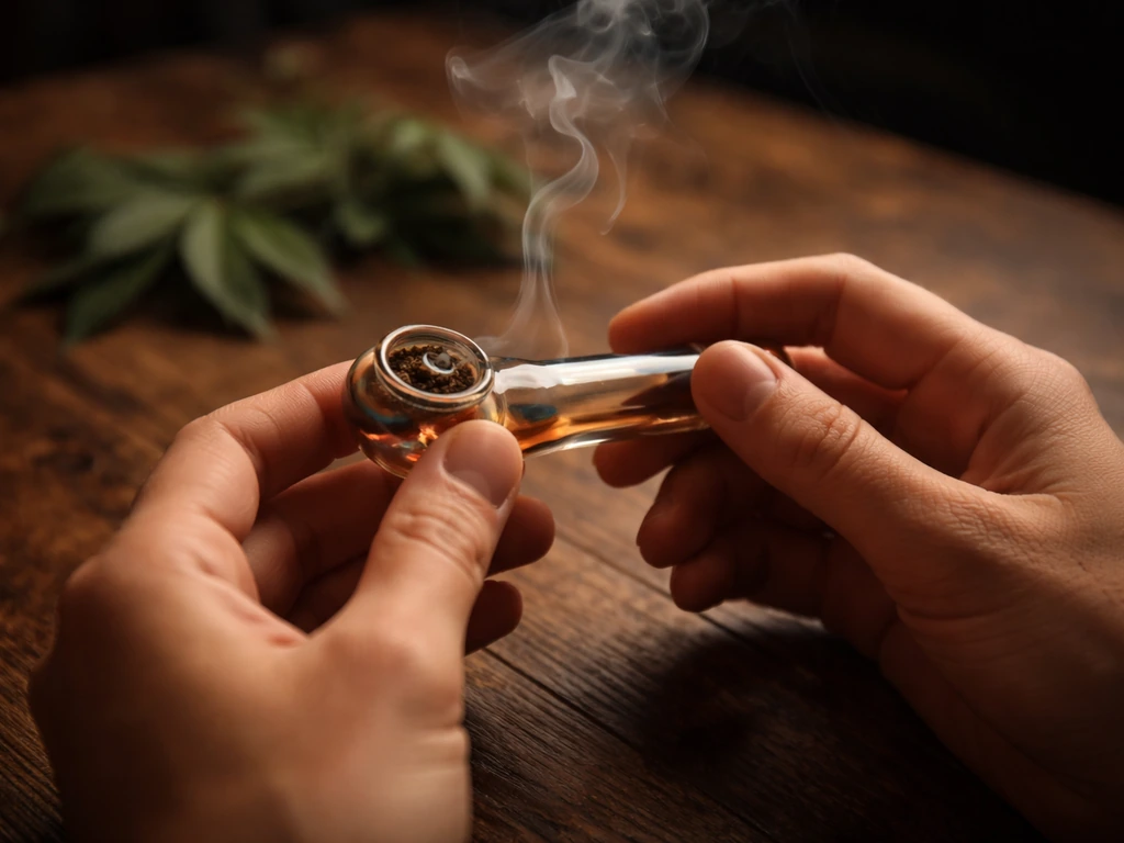 Close-up hands holding a small glass pipe with cannabis leaves softly blurred in the background.