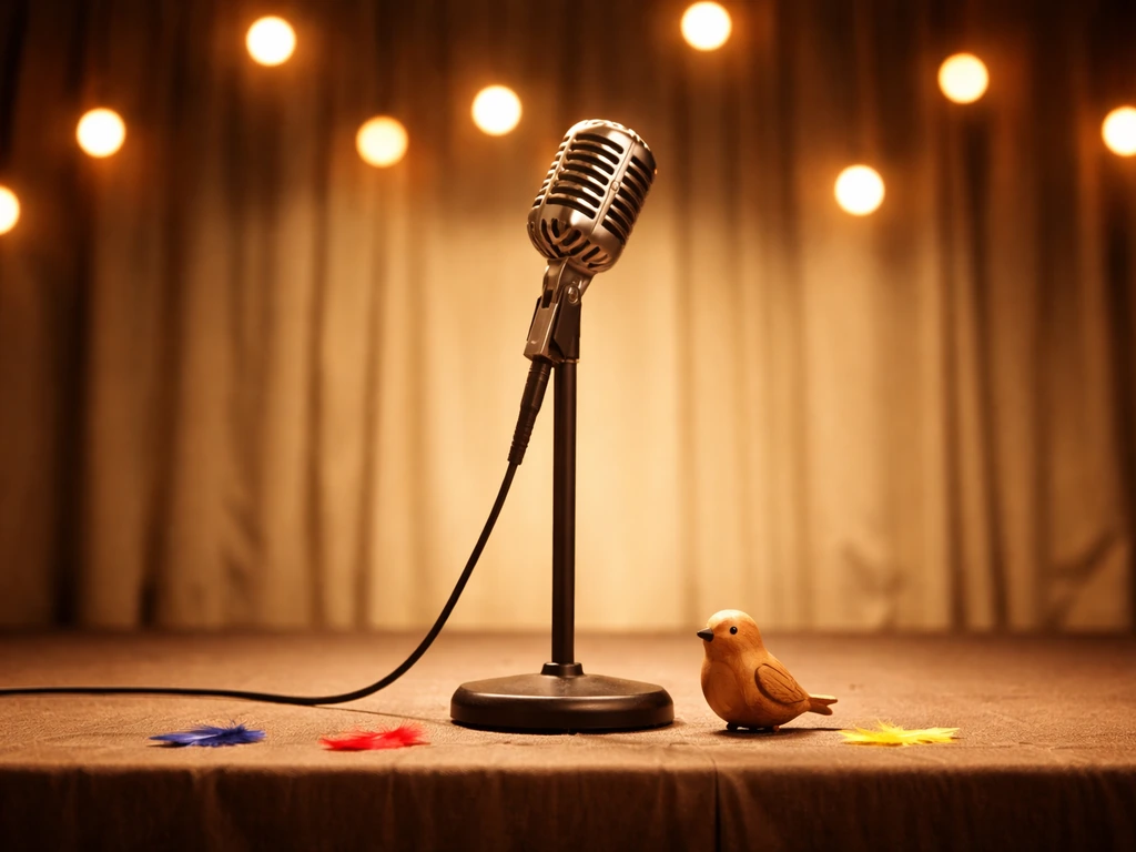 Vintage talk-show microphone with a small bird figurine, retro stage lighting, playful banter vibe.
