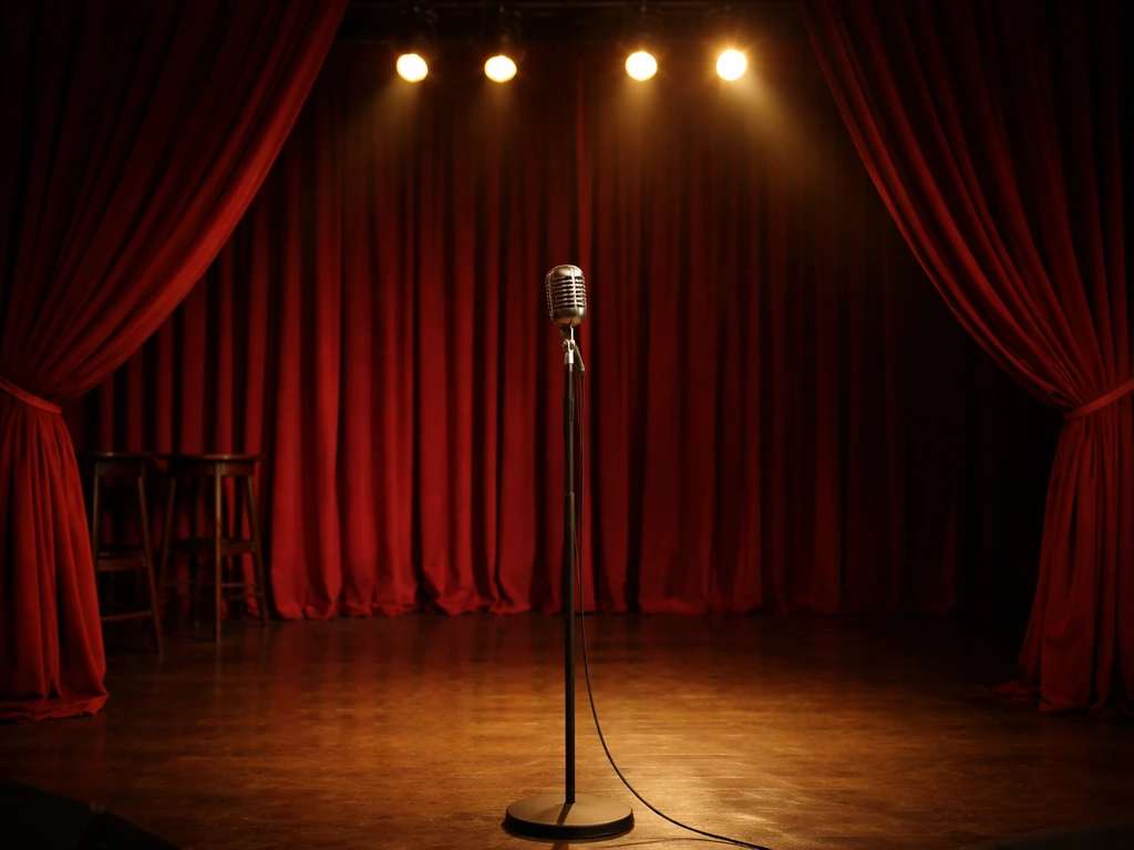 Vintage late-night comedy scene with a microphone and softly lit stage curtains in warm tones