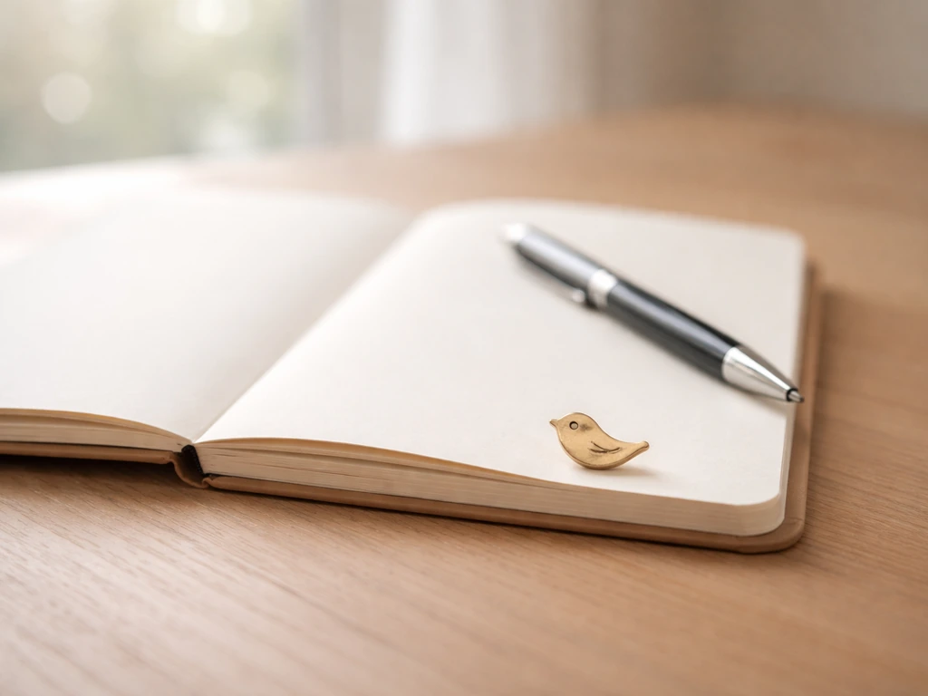 Minimal close-up photo-style scene suggesting “bird” slang: a notebook and pen beside a small bird-shaped charm