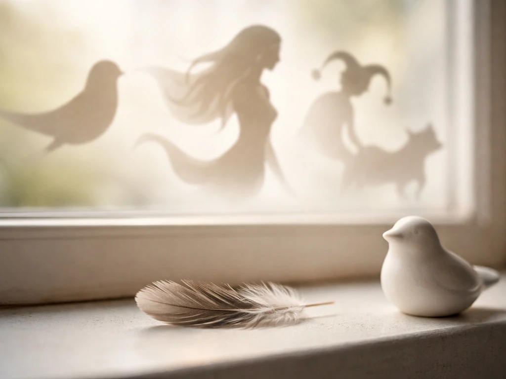 Feather and small bird figurine by a window with blurred layered silhouettes symbolizing freedom and slang uses