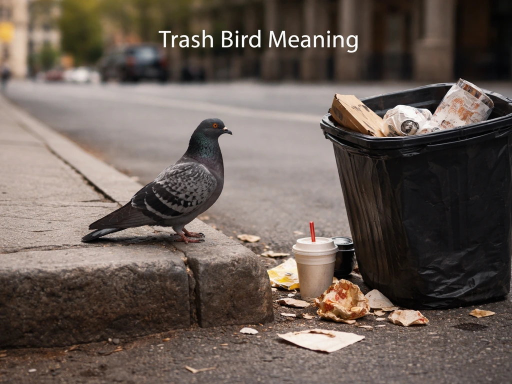 A scavenger bird perched by sidewalk litter and a trash bin in a quiet city street scene.