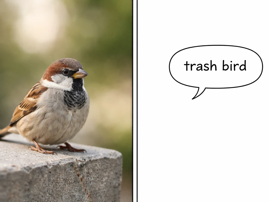 Close-up of a House Sparrow on a ledge and a comic-style speech bubble reading “trash bird”