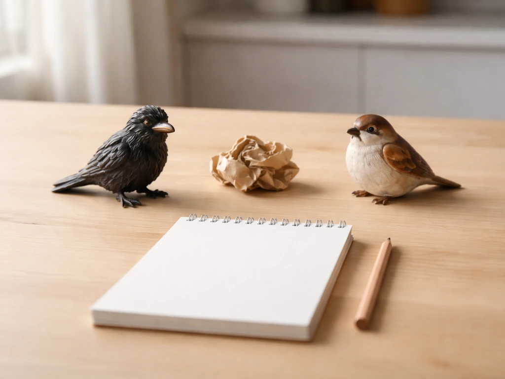Daylit table with two small bird figurines and crumpled paper, symbolizing different bird insults without text.